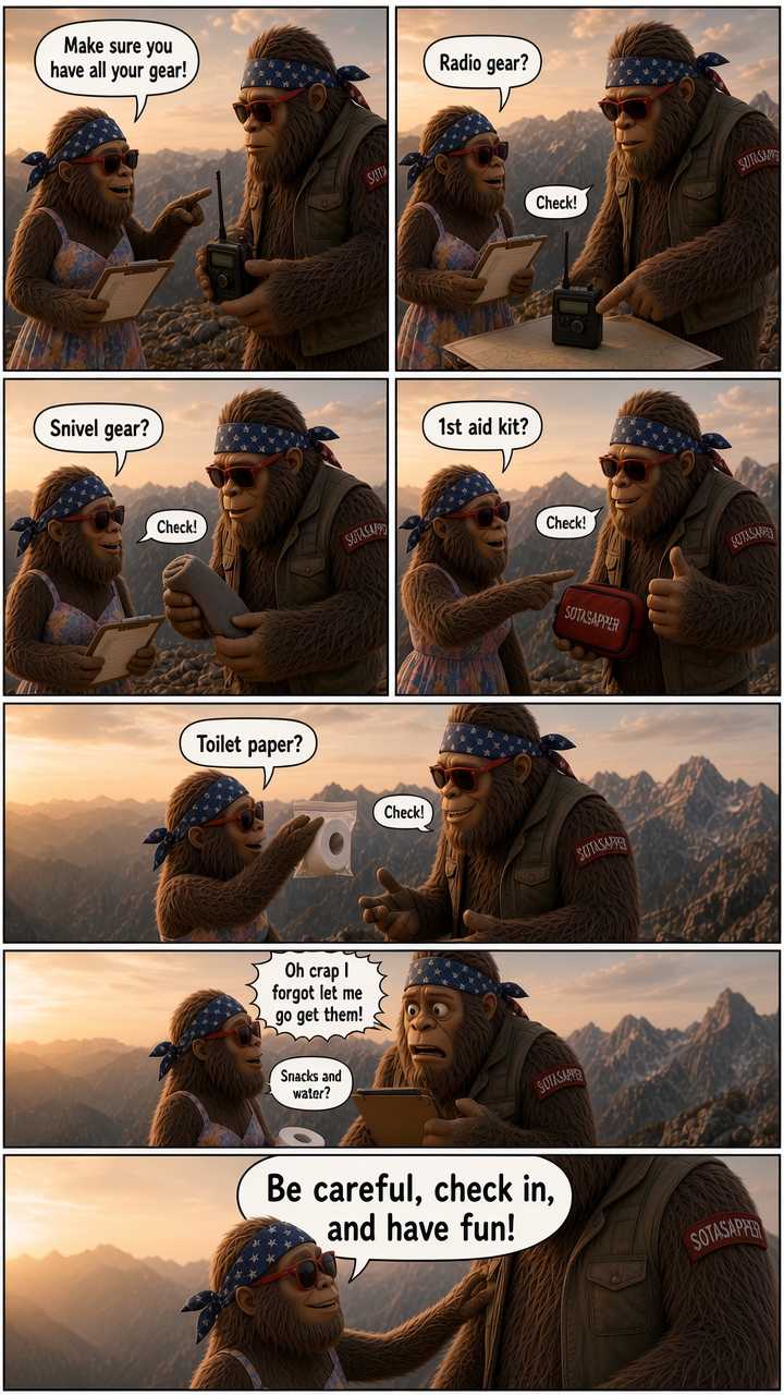 SOTAsapper packing checklist comic — gear check before activation